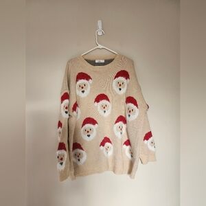 Talulah Beige Cream Holiday Cute Christmas Santa Face Sweater 1X